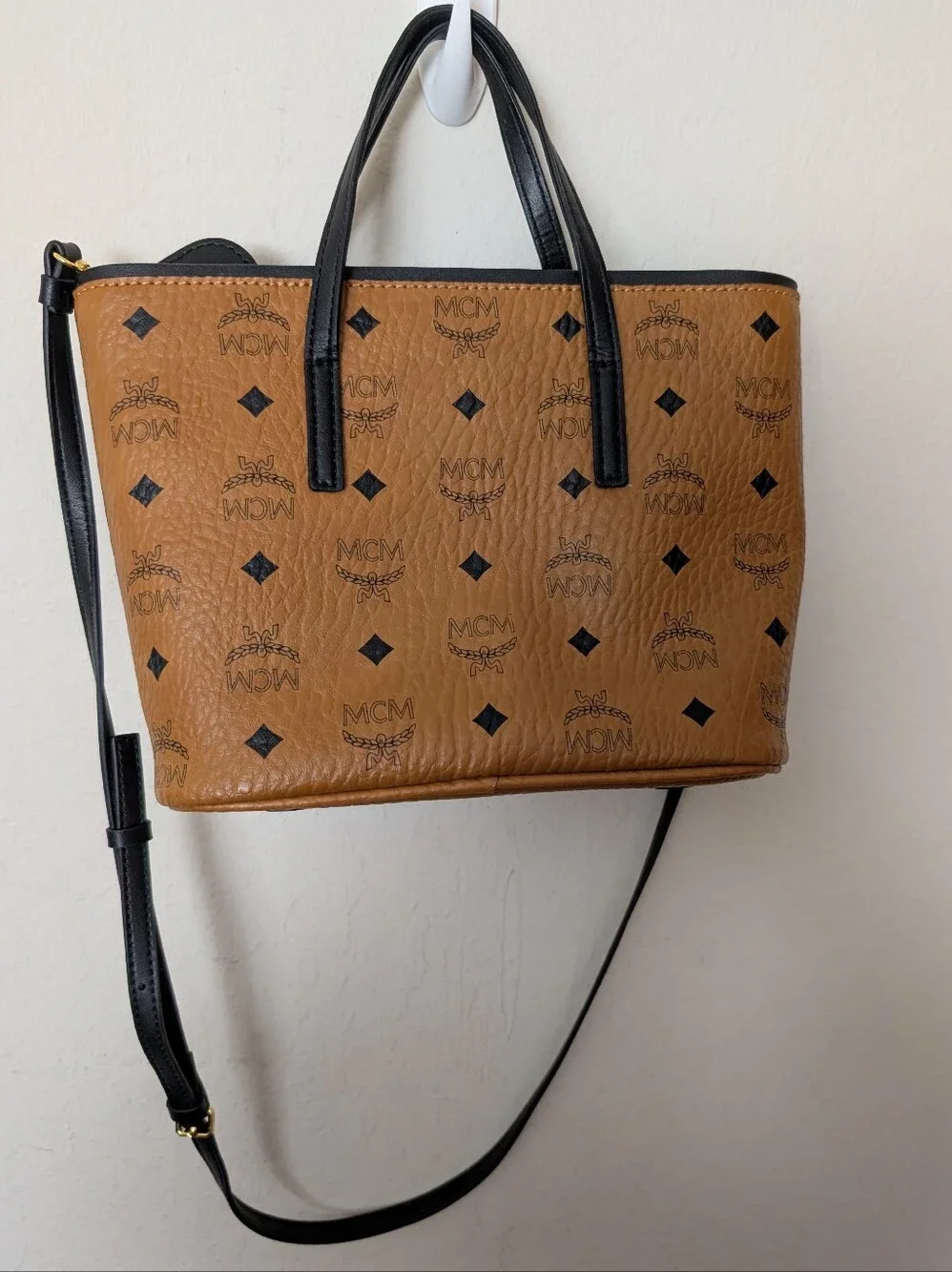 MCM Visetos Cognac Leather Mini Tote with Black Trim And Adorable Doggie Charm!